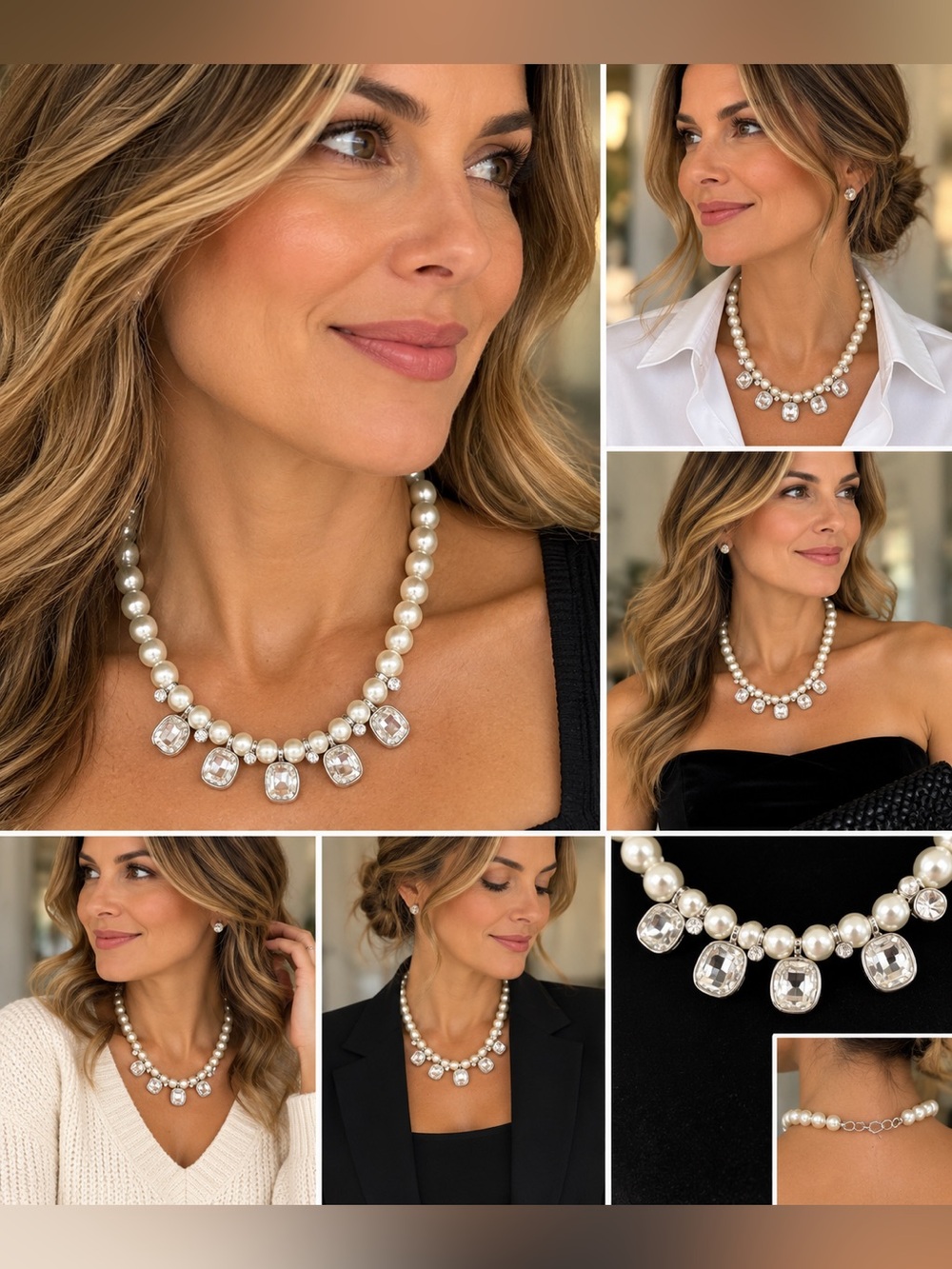 Vintage Faux Pearl Clear Crystal Statement Necklace Silver Tone Glam Jewelry